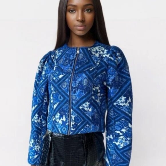 7 For All Mankind Blue Toile Quilted Floral Jacket NWT - Picture 1 of 10